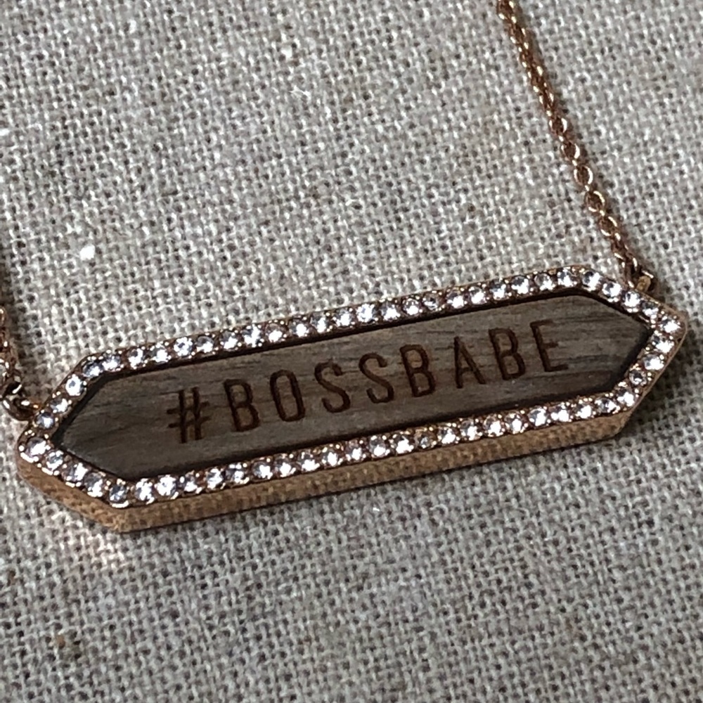Stella & Dot Rose gold and wood #BOSSBABE necklace